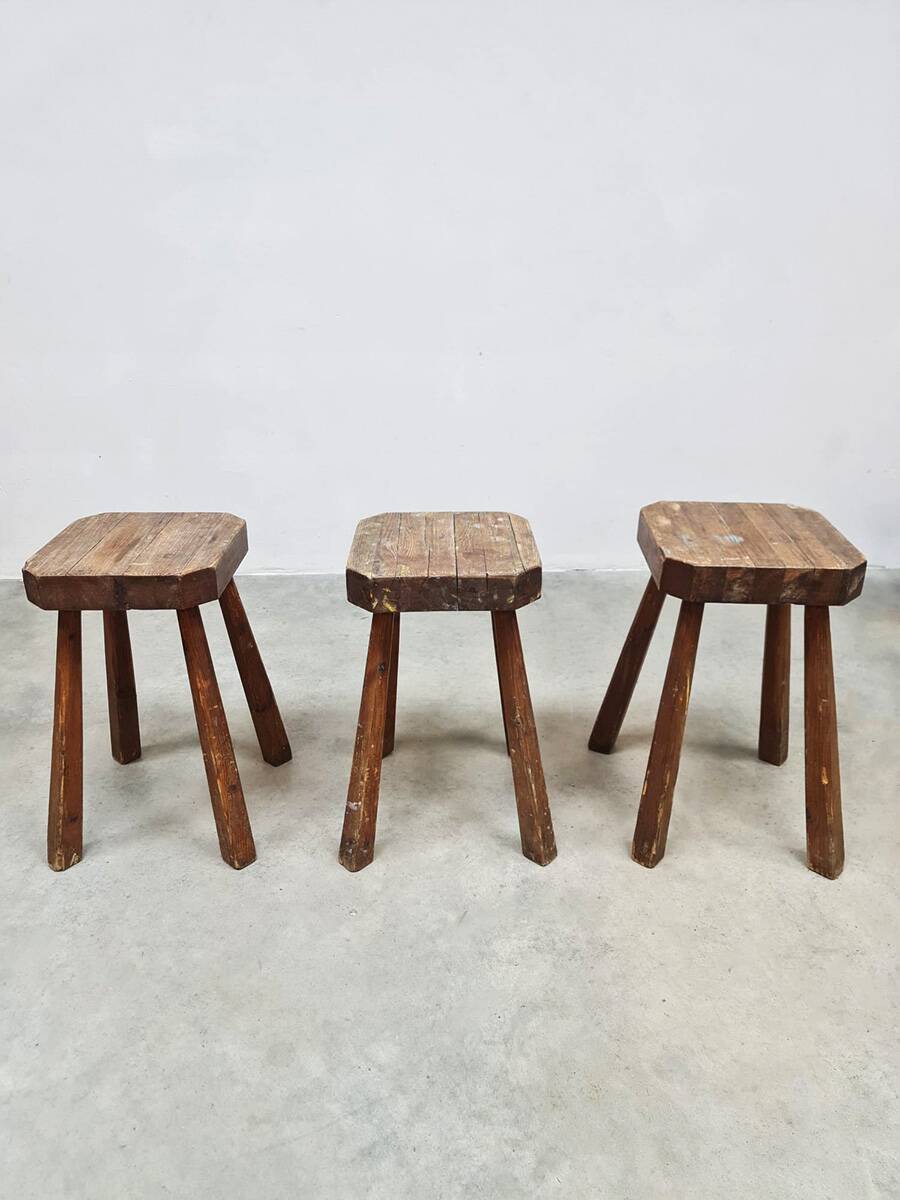Rustic French wooden hand carved stools 'Brutalist'