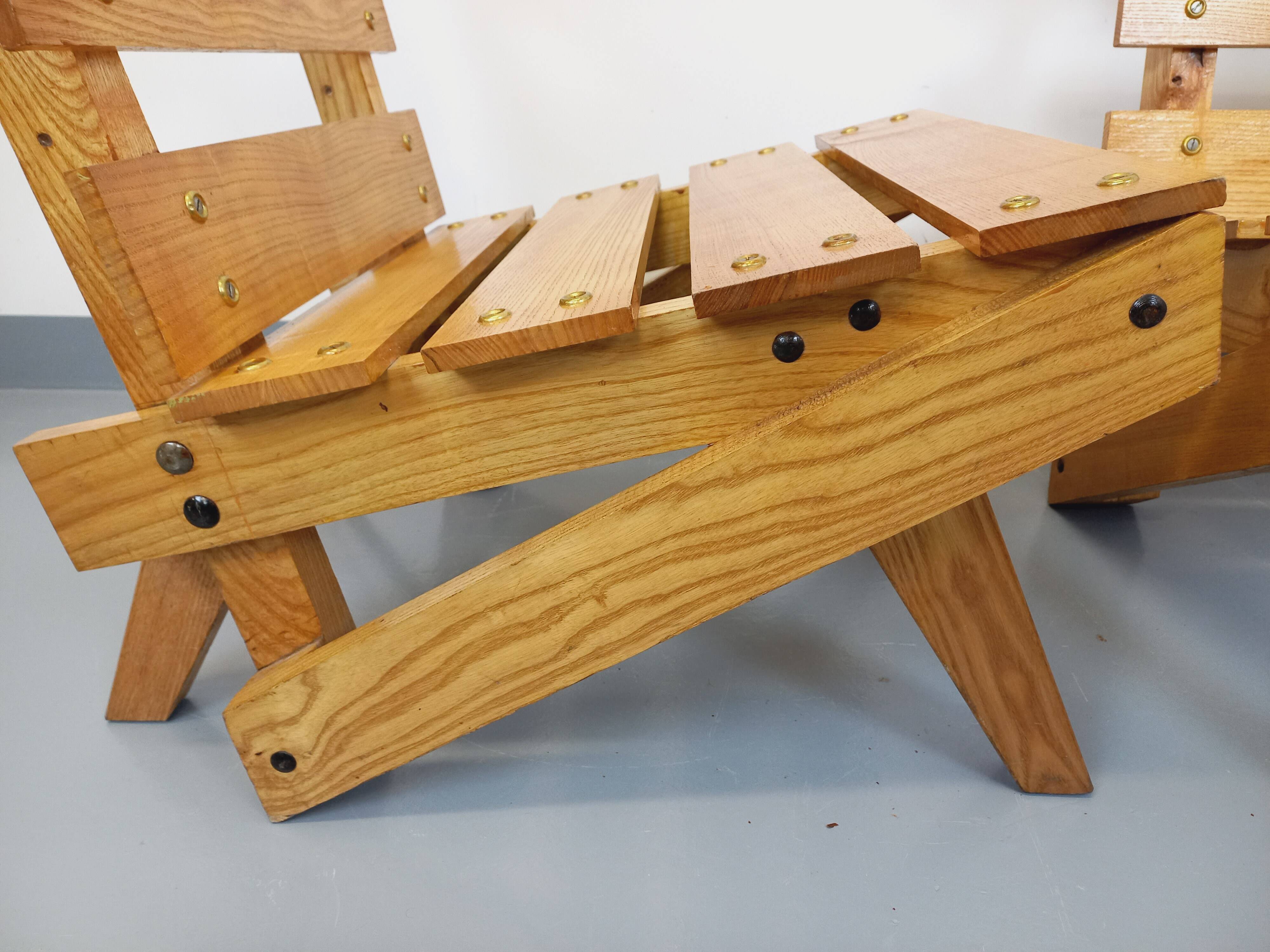 Pair of Vintage Brutalist Slatted Wood Lounge Chairs