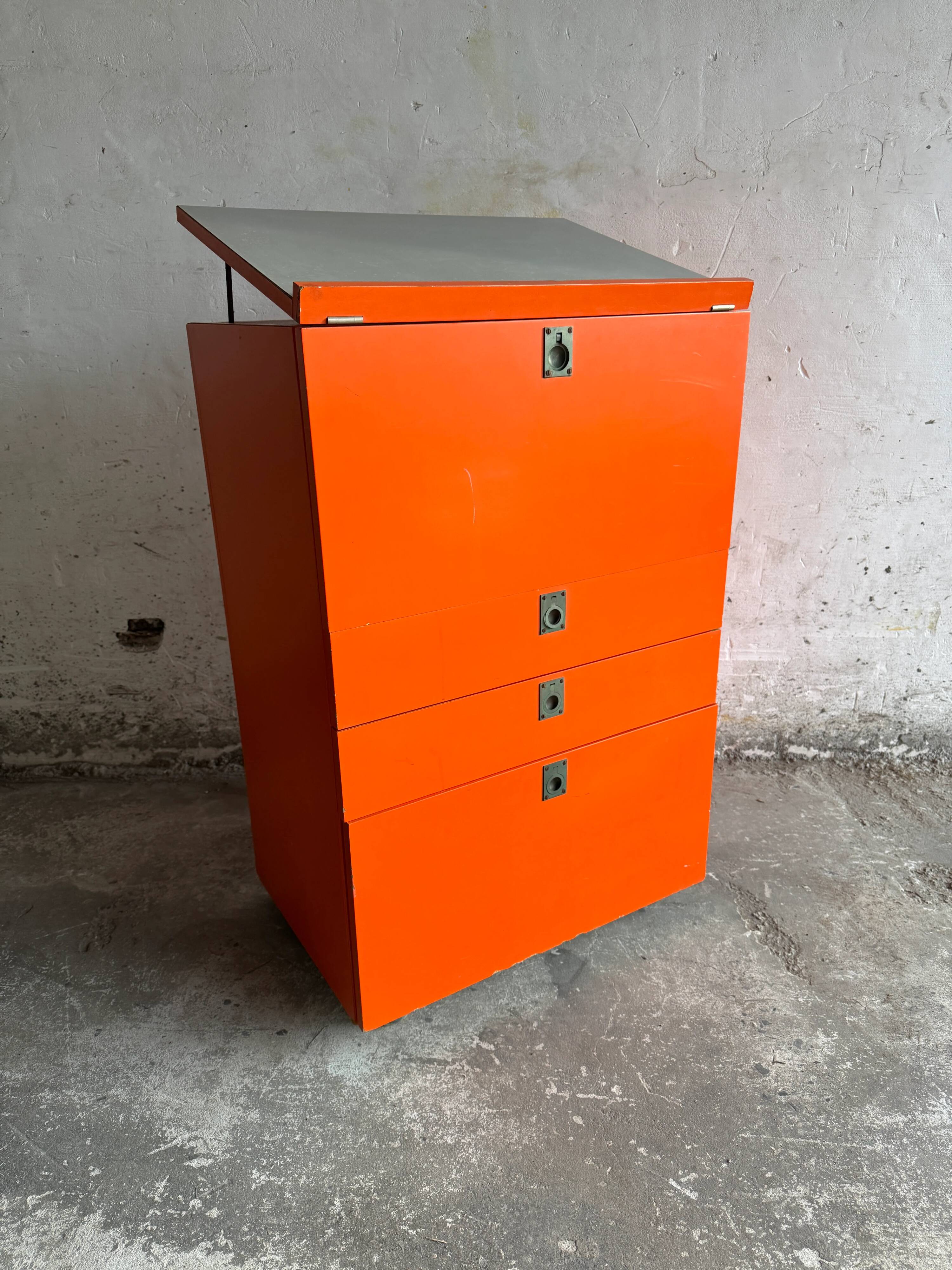 1980 Brown Wood Chest of Drawers with Fold-Out Work Surface and Angled Desktop