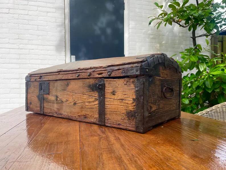 Antique French Wood Iron and Hide Handmade Wood Chest or Trunk