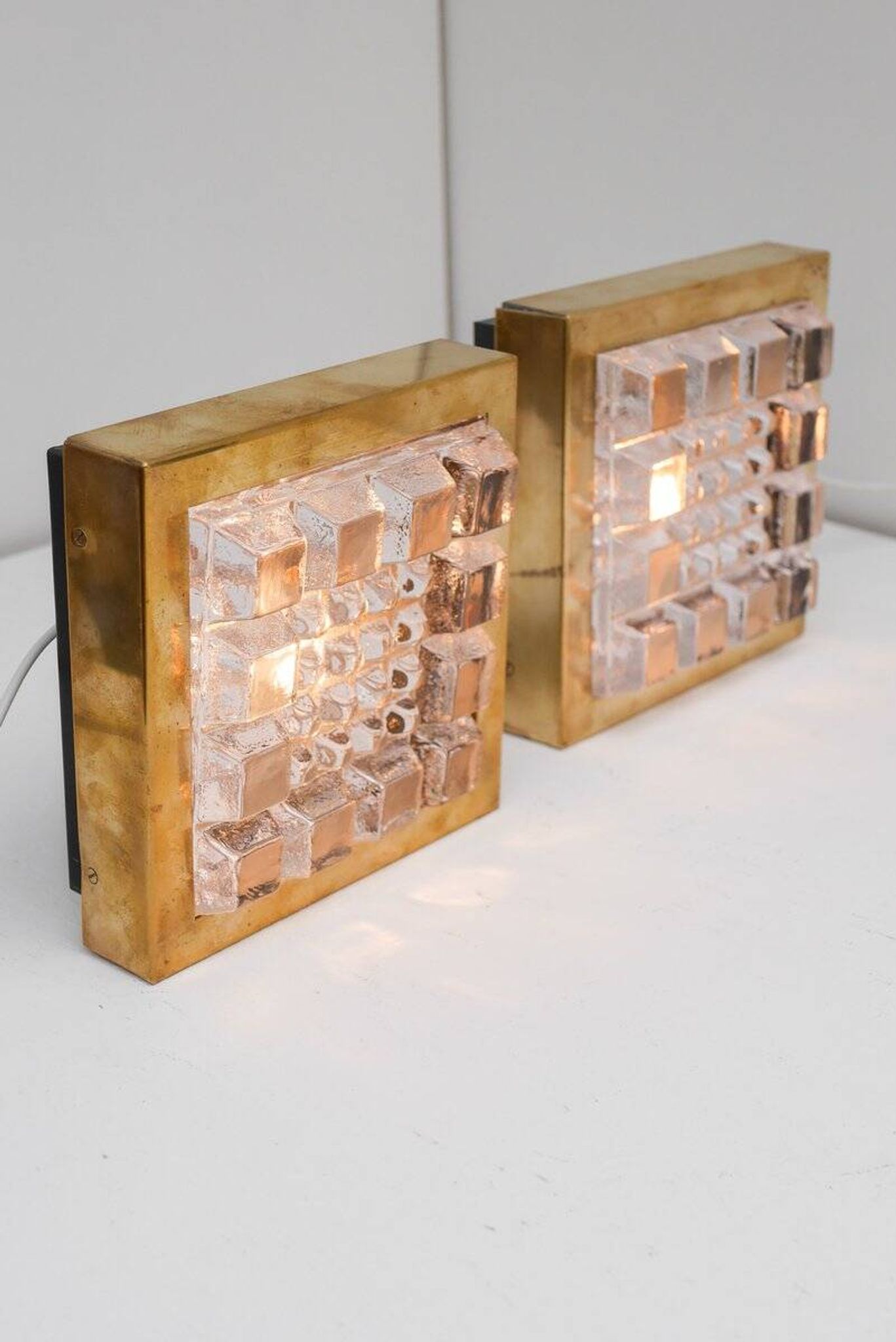 Swedish brutalist glass and brass wall lamps from Falkenbergs Belysning, set of 2