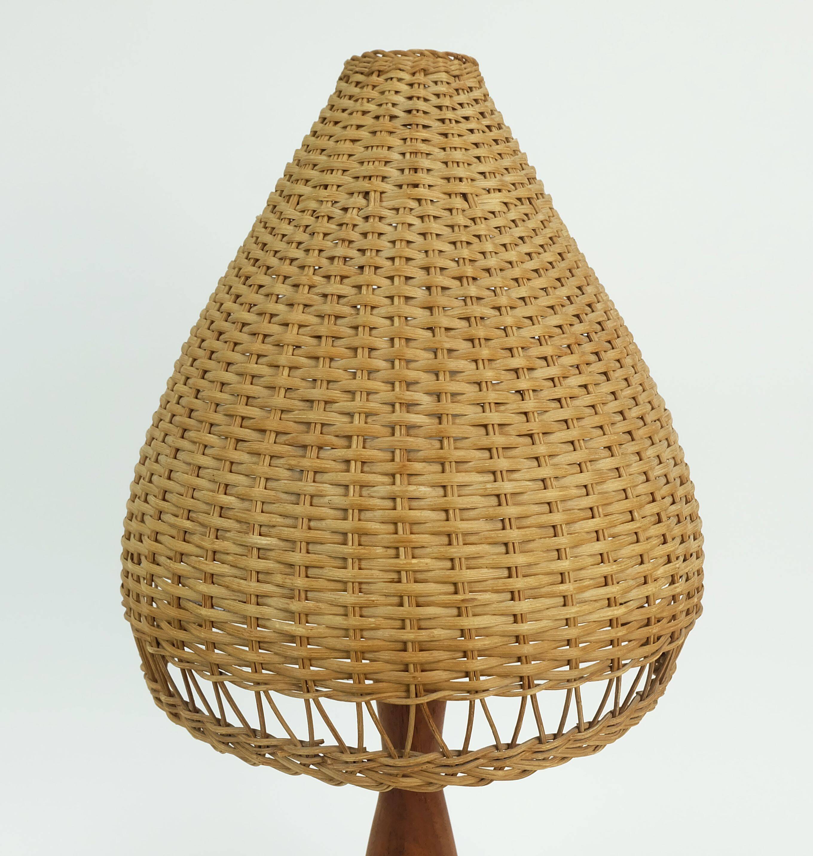 Danish modern table lamp teak and rattan 1960s mid century wicker light