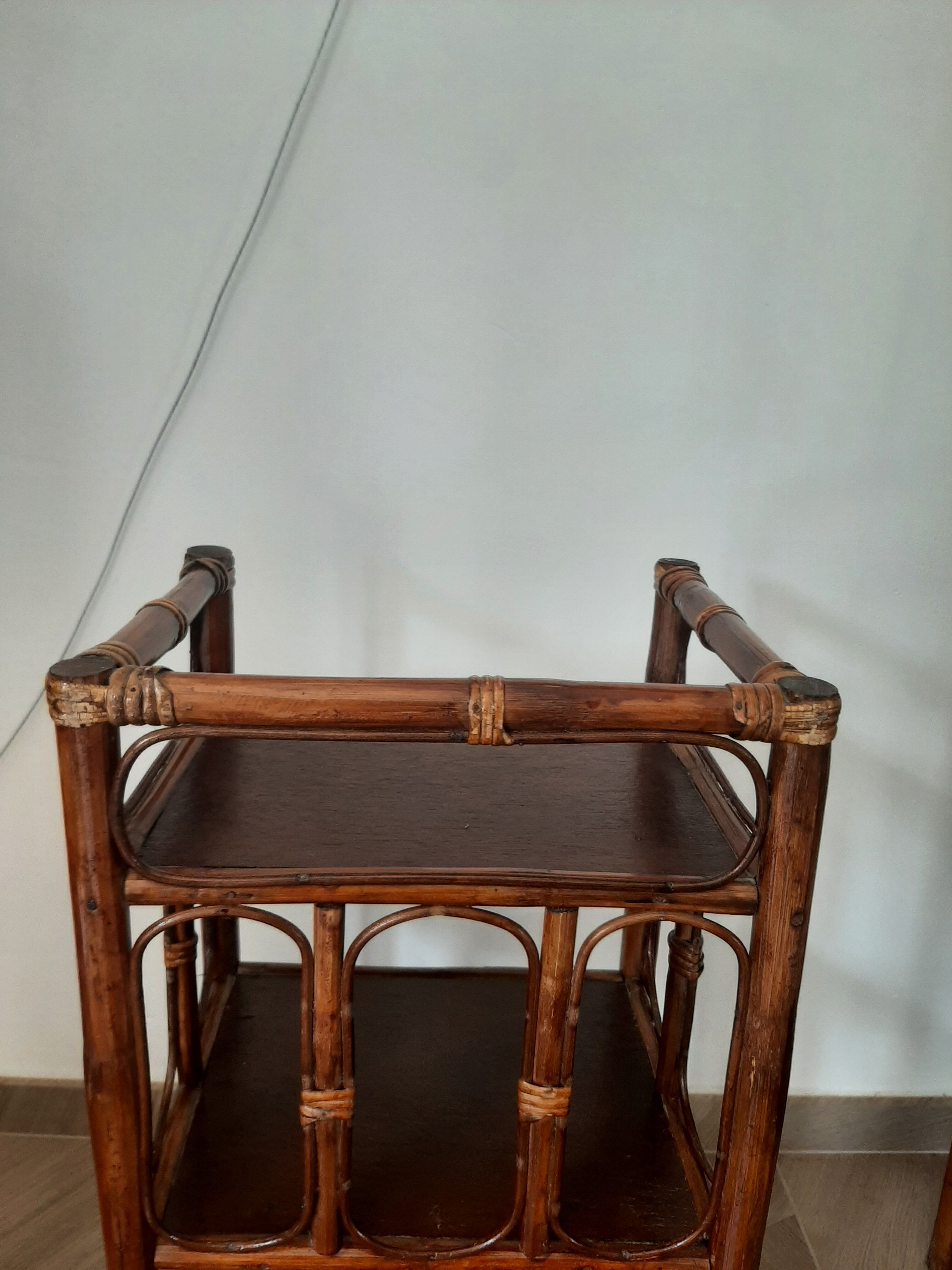 Vintage - set of 2 shelves of wooden floor, bamboo and rattan - 3 levels- retro 80s