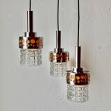 Triple vintage pendant light in molded glass, chrome metal and orange plastic - Space Age Design