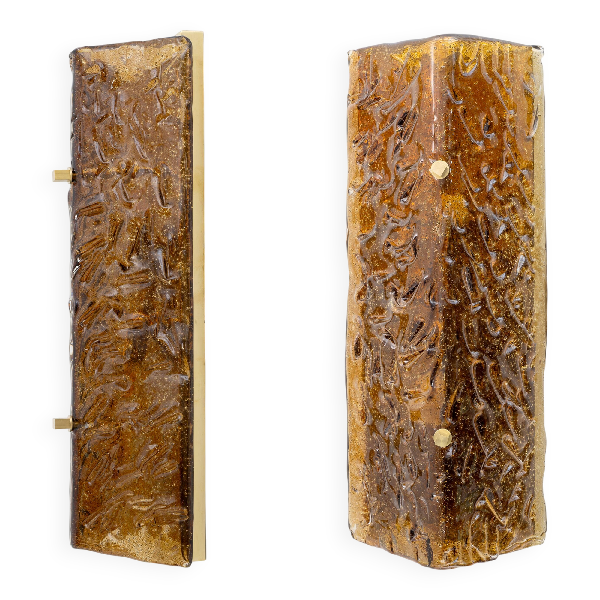 Pair of Amber Murano Glass and Brass Sconces