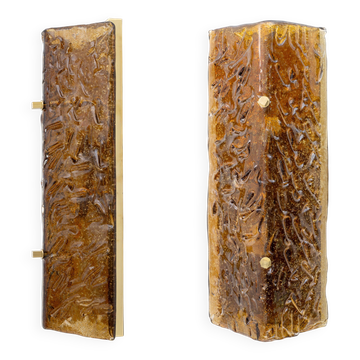 Pair of Amber Murano Glass and Brass Sconces