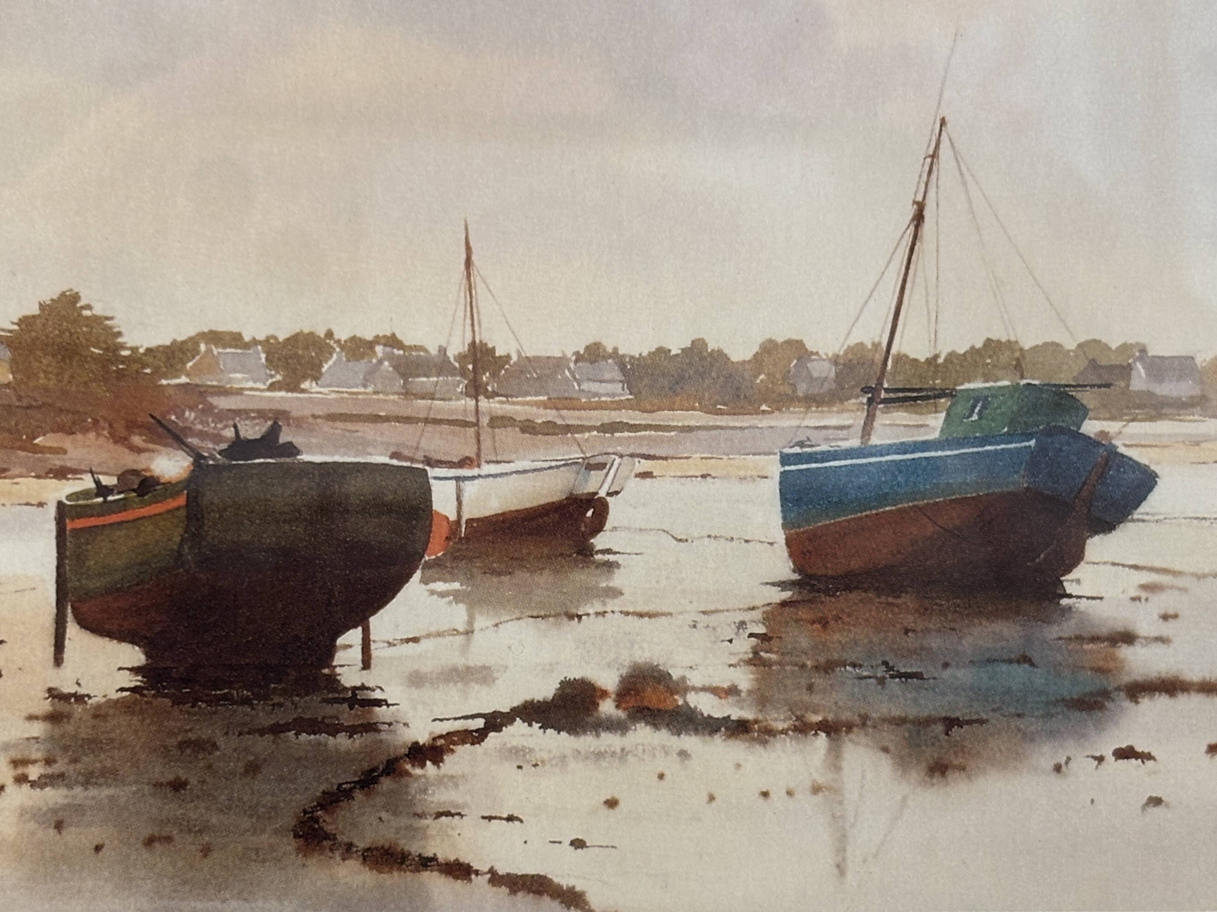 Marine print signed Noury - stranded boats - seaside spirit