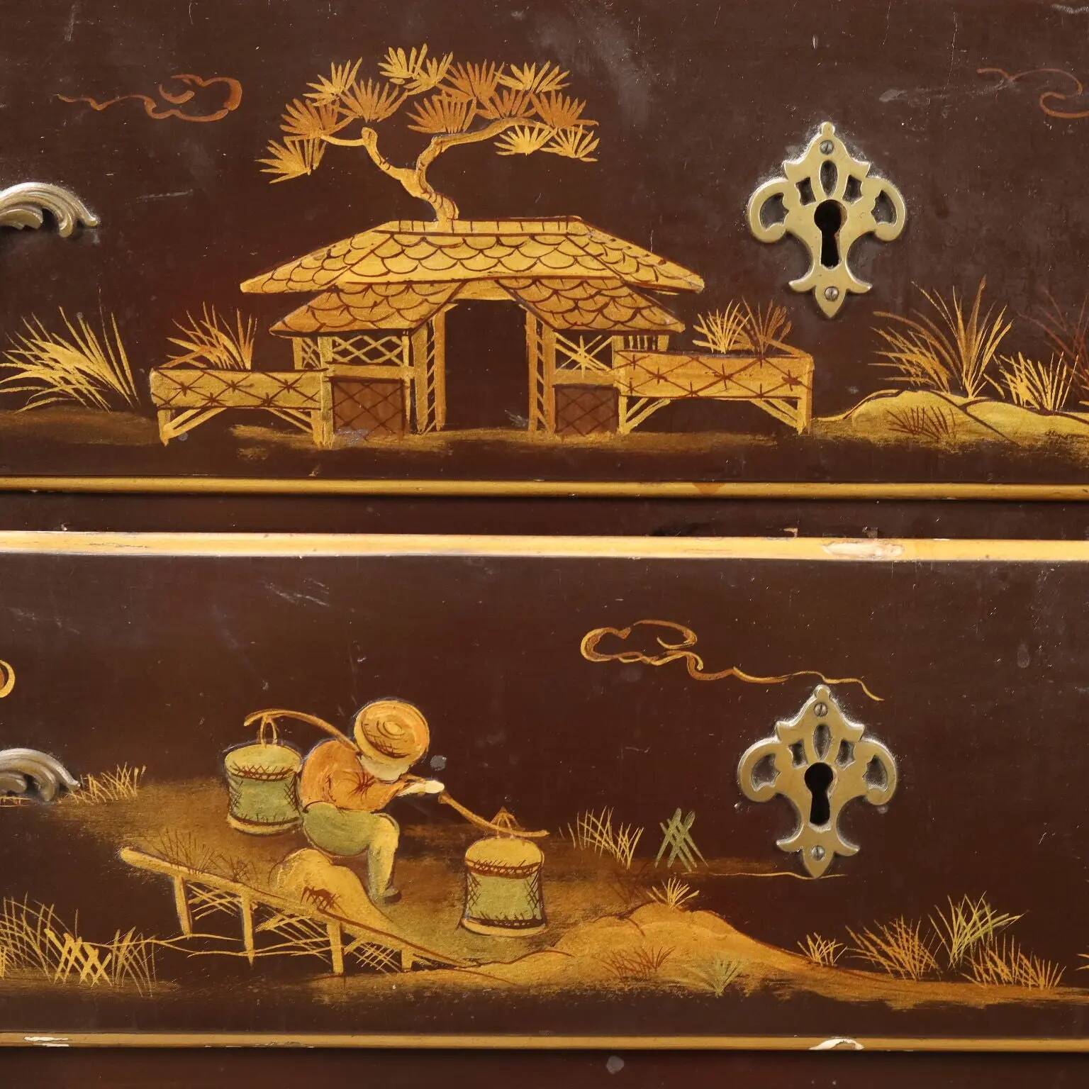 Antique Chinese-style walnut drop-leaf secretary cabinet, Italy, 20th century.