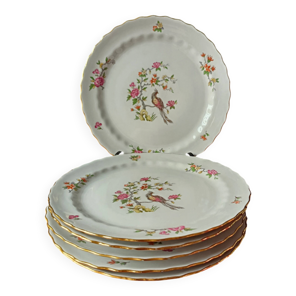 6 assiettes plates vintage, porcelaine Vitriam France,  motif Phoenix