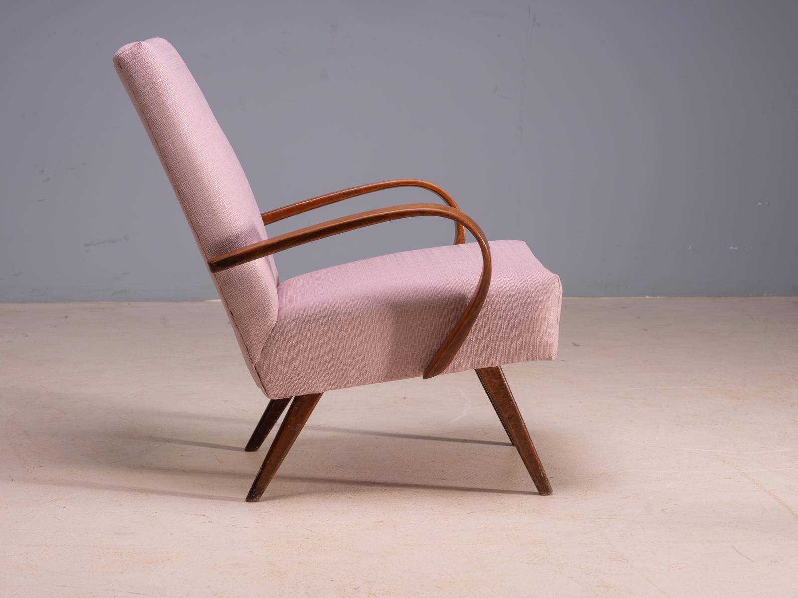 Restored bentwood armchairs by Jaroslav Šmídek, pair, Czechoslovakia, new pink upholstery, 61 × 82 × 81 cm