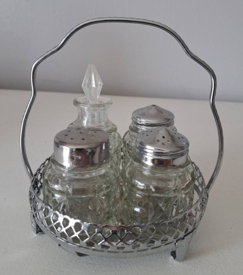 Service à condiments vintage en verre et métal