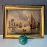 Alexandre Thomas Francia, oil on canvas with marine theme and sailboats