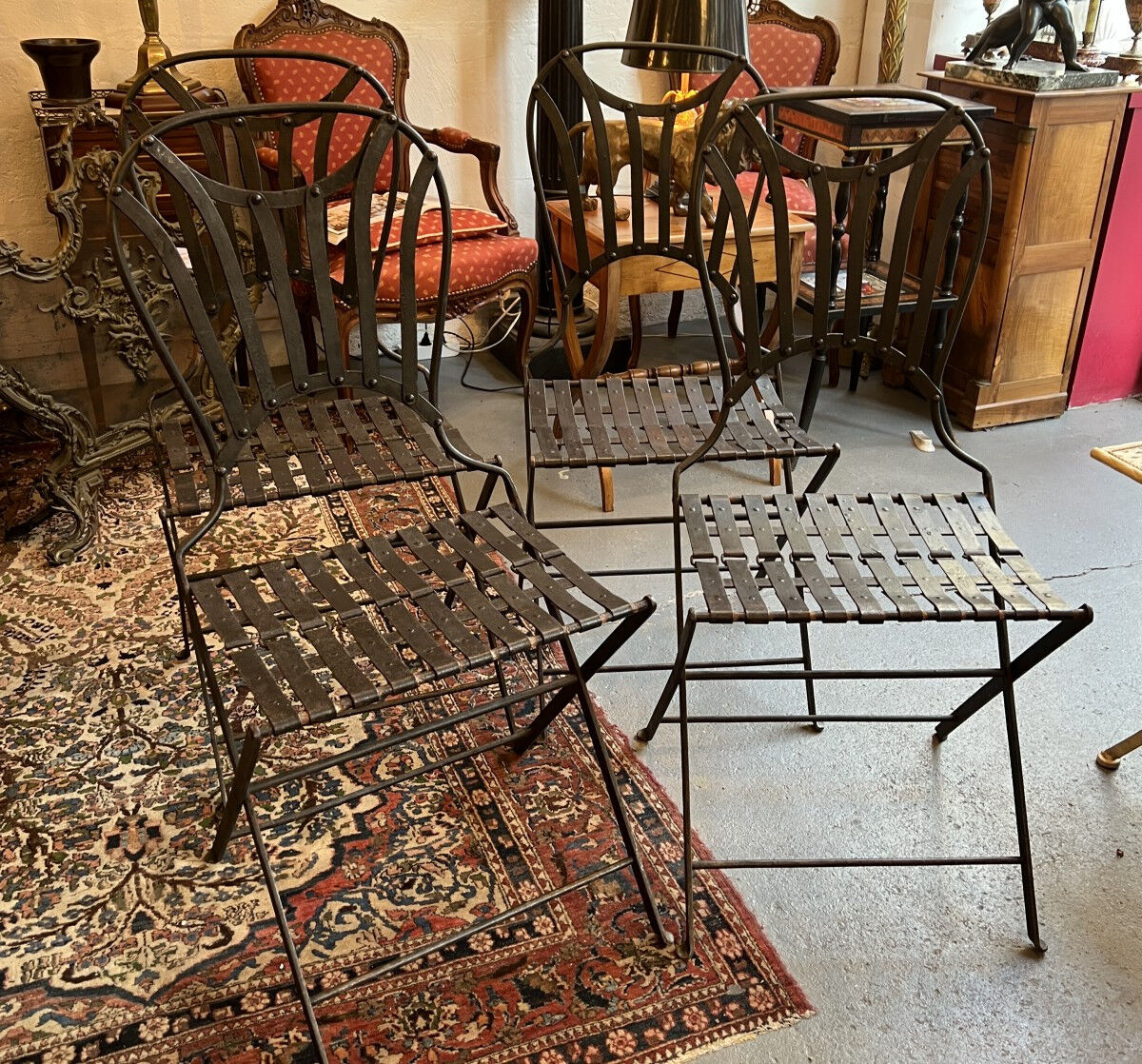 Set of 4 folding garden chairs in wrought iron and riveted, 19th century, Napoleon model.