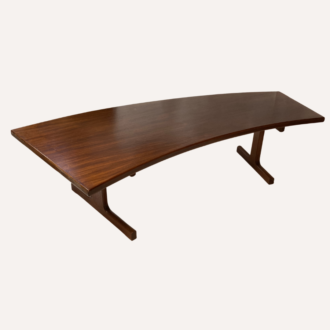 Teak veneered kidney shaped curved coffee table