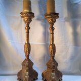 Pair of ancient carved gilded wood candlesticks - 18th century