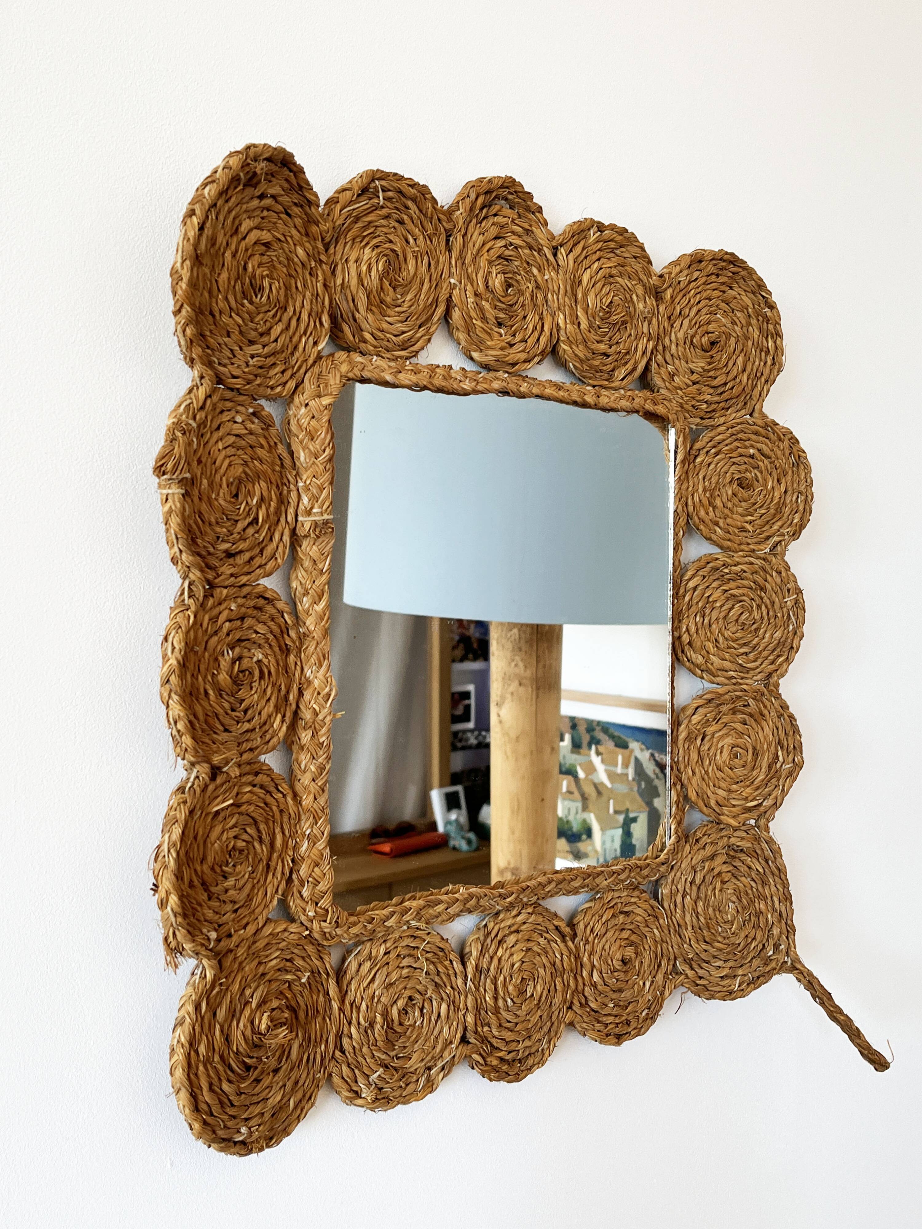 Vintage 1960s braided raffia mirror