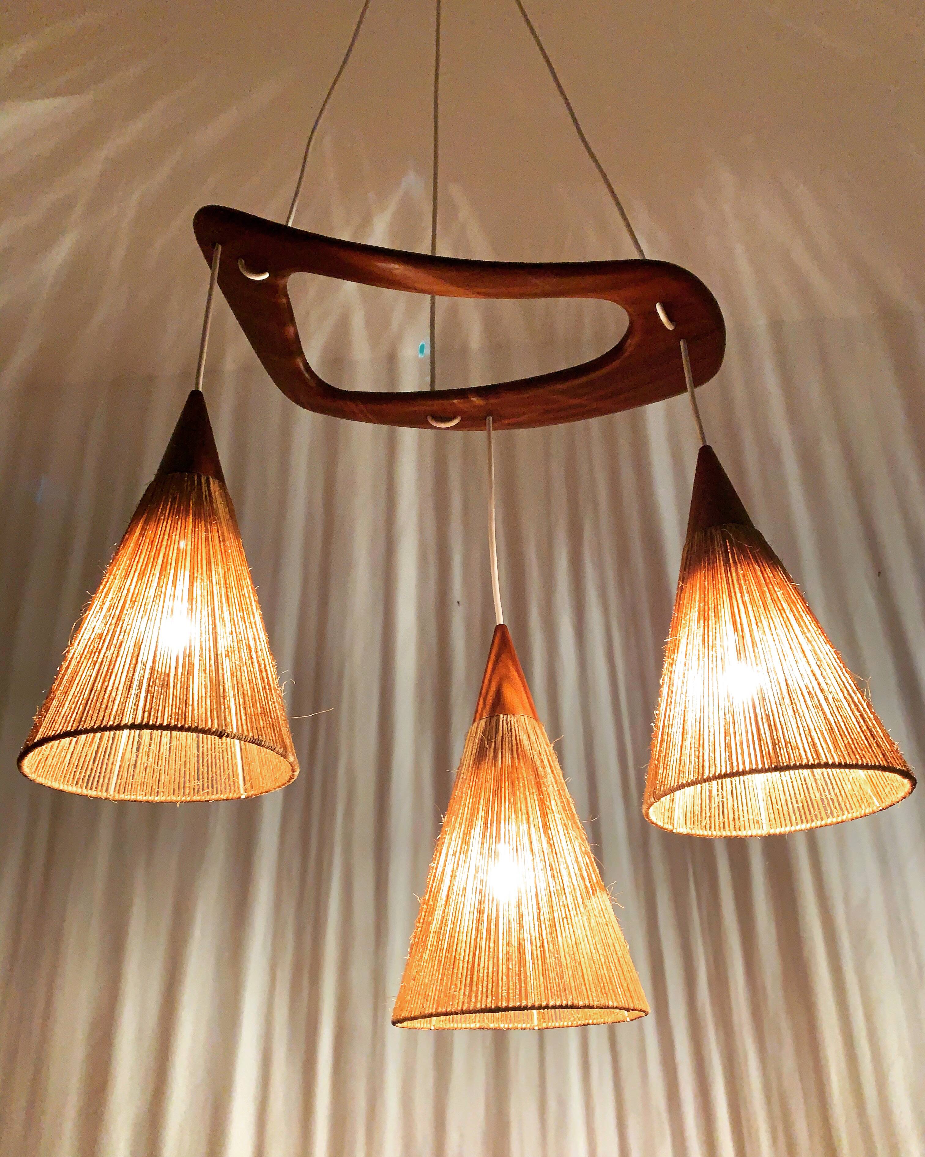 Teakwood and Sisal Cascading Lamp by Jean Rispal