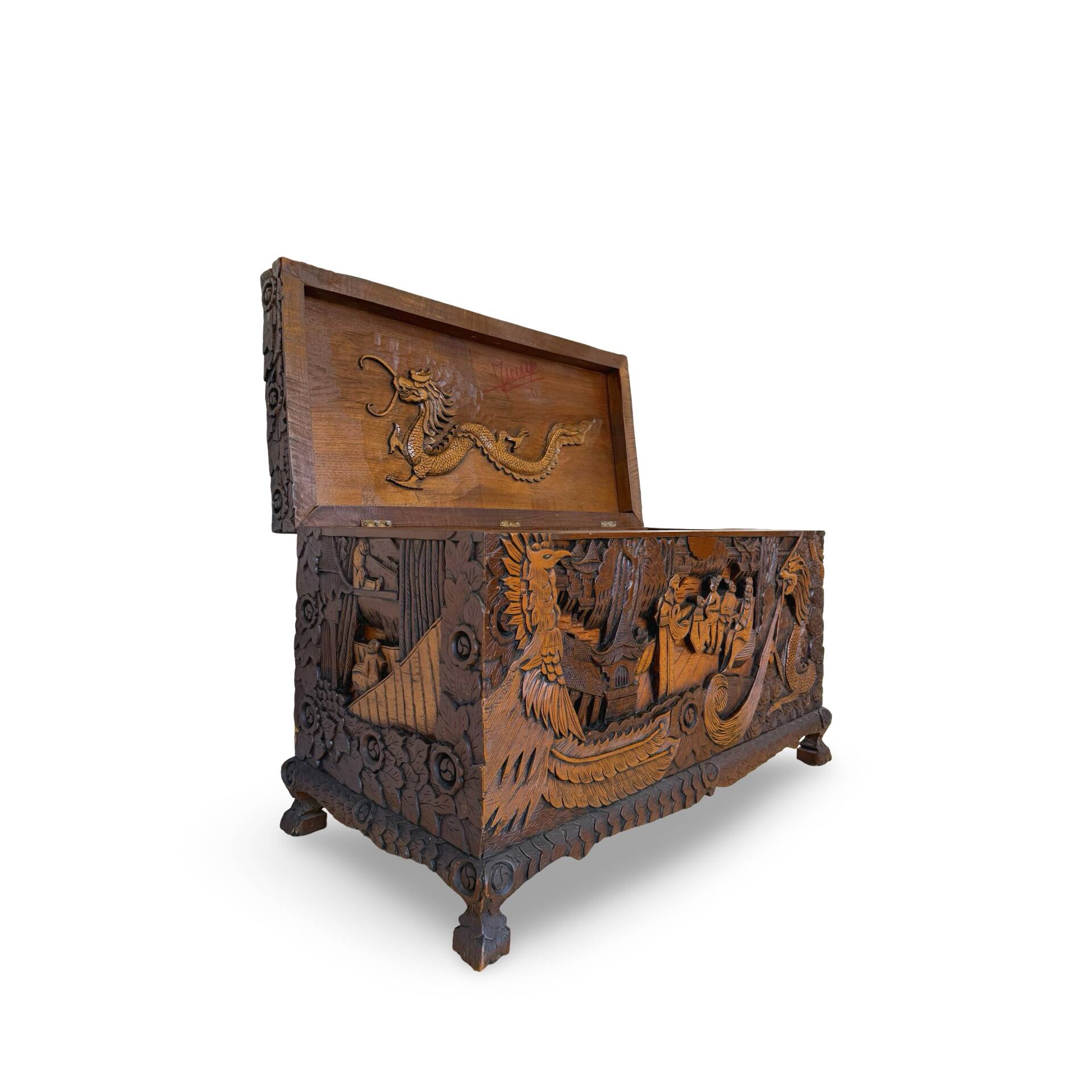 Antique Chinese Carved Export Chest – Dragon, Phoenix & Landscape Deco
