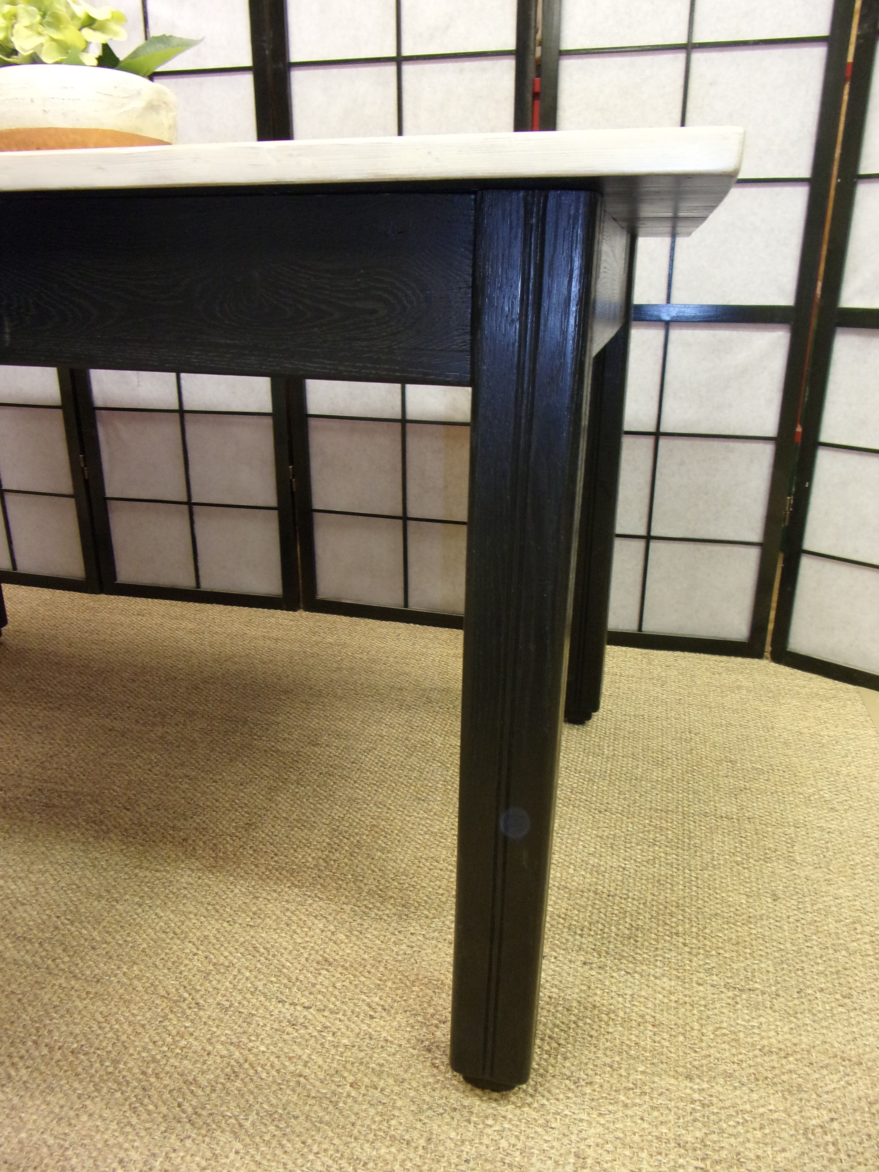 Farm table, dining, oak and pine patinated black and pale yellow