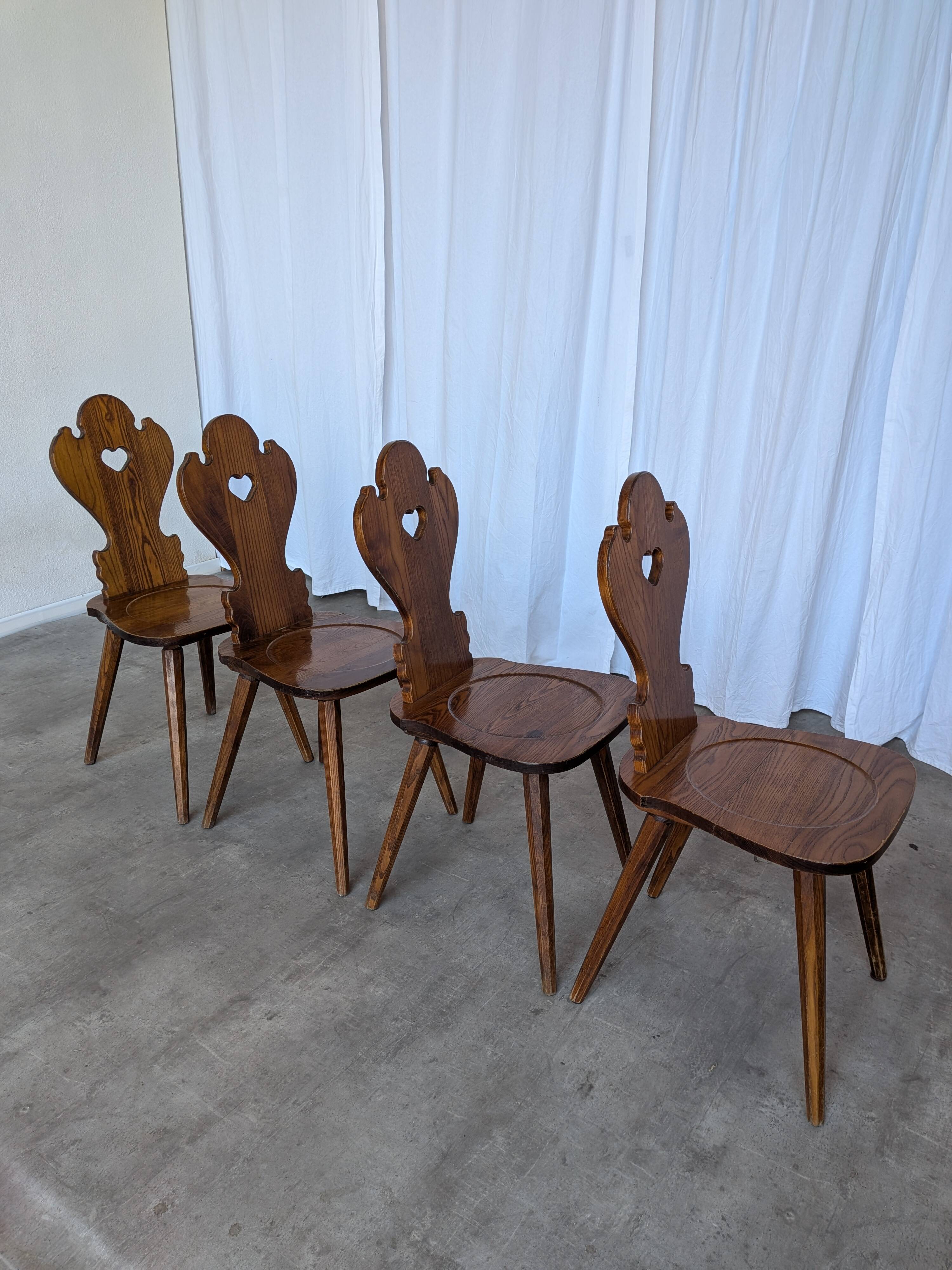Set of 4 Farmhouse Tyrolean Chair with Heart Cutout Back / 1970s Vintage Di