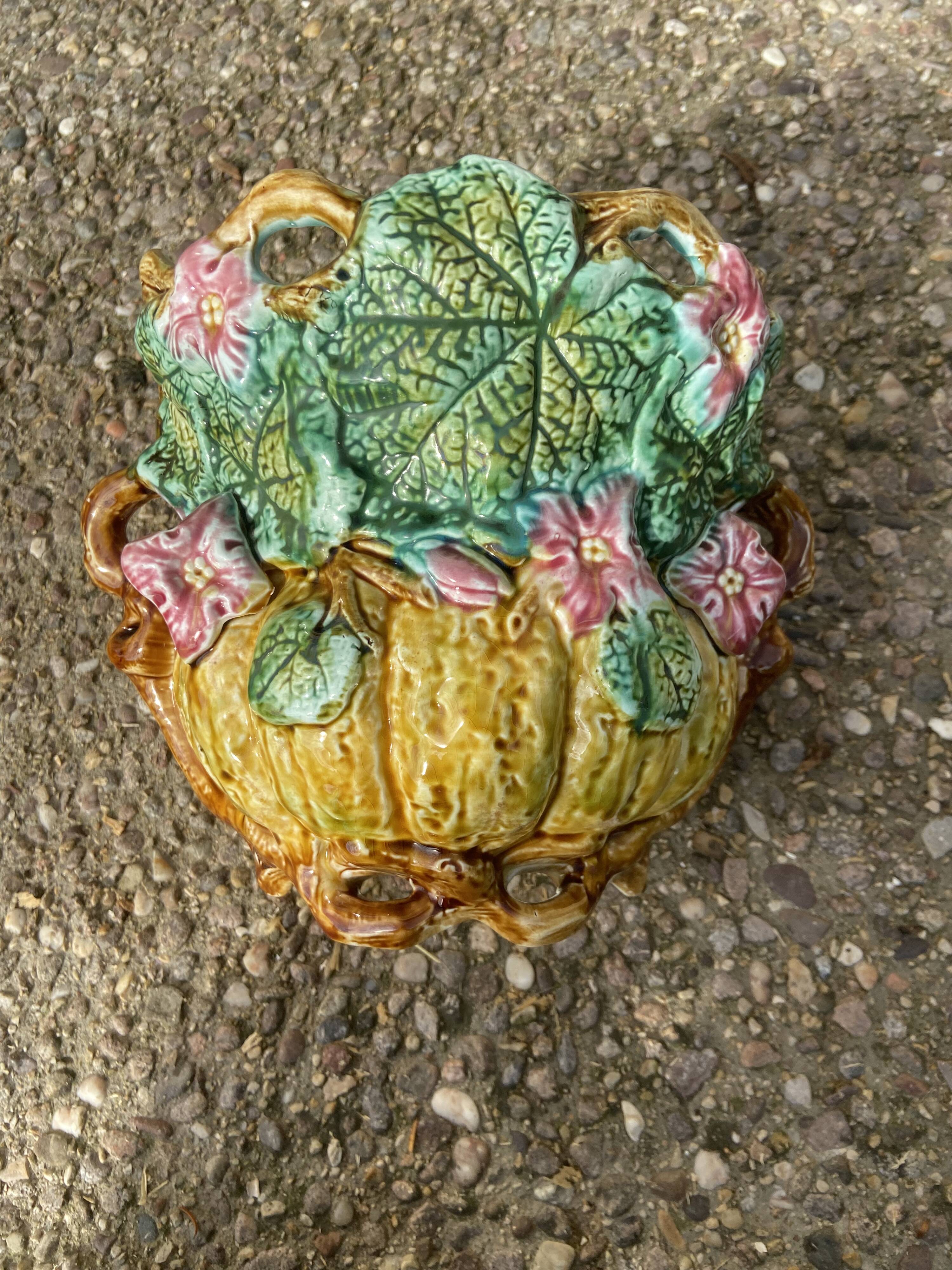 Antique cache-pot in majolica with floral decoration – Turquoise interior