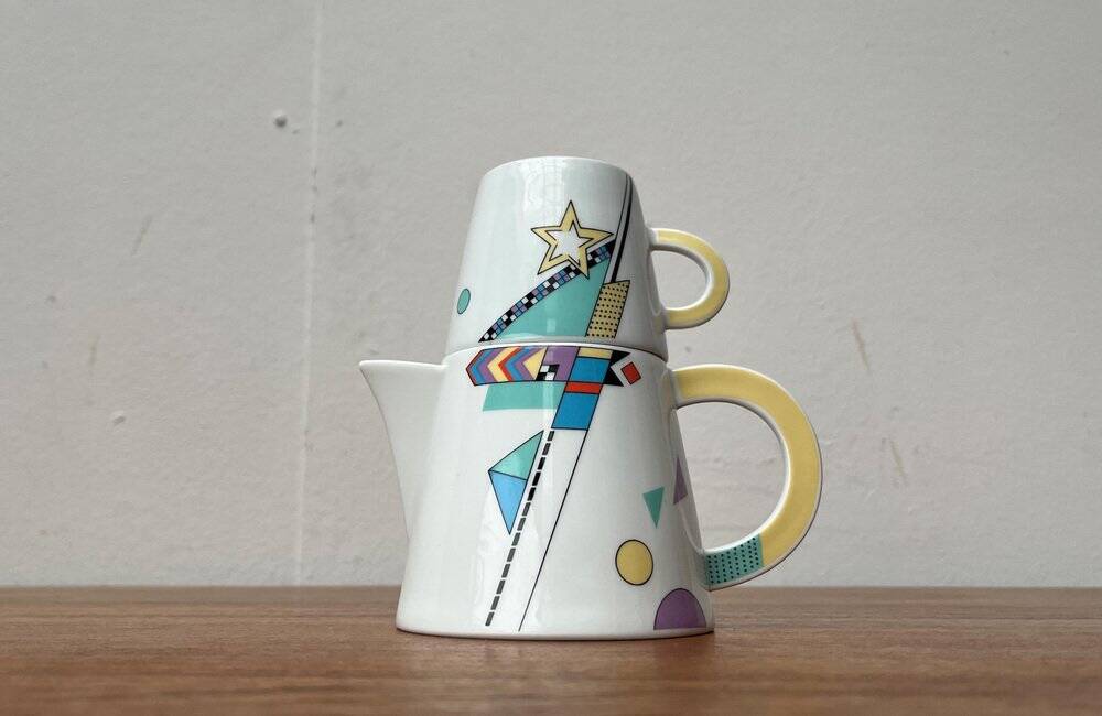 Teapot or coffee pot with cup from the German postmodern VIP collection by Seltmann Weiden, set of 2.