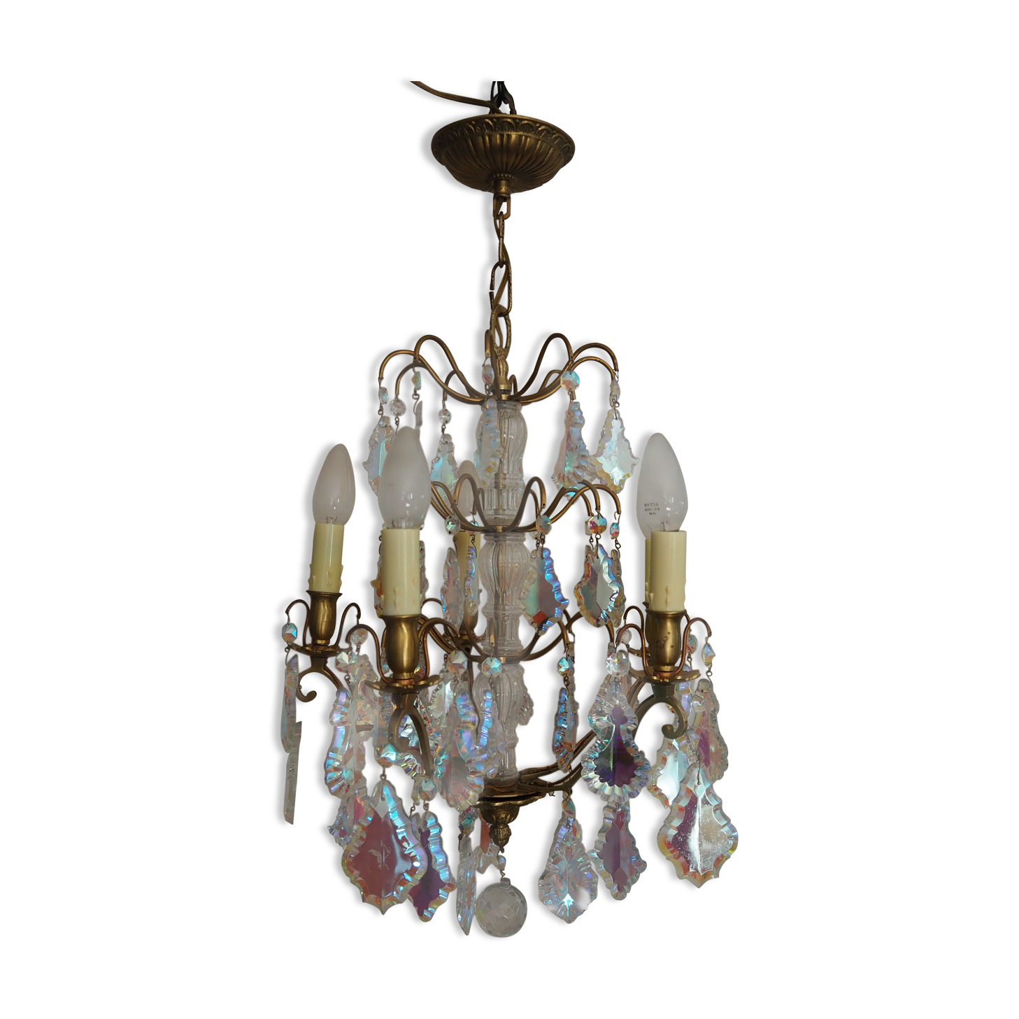 Lustre à pampilles en verres nacrés et bronze