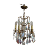 Lustre à pampilles en verres nacrés et bronze