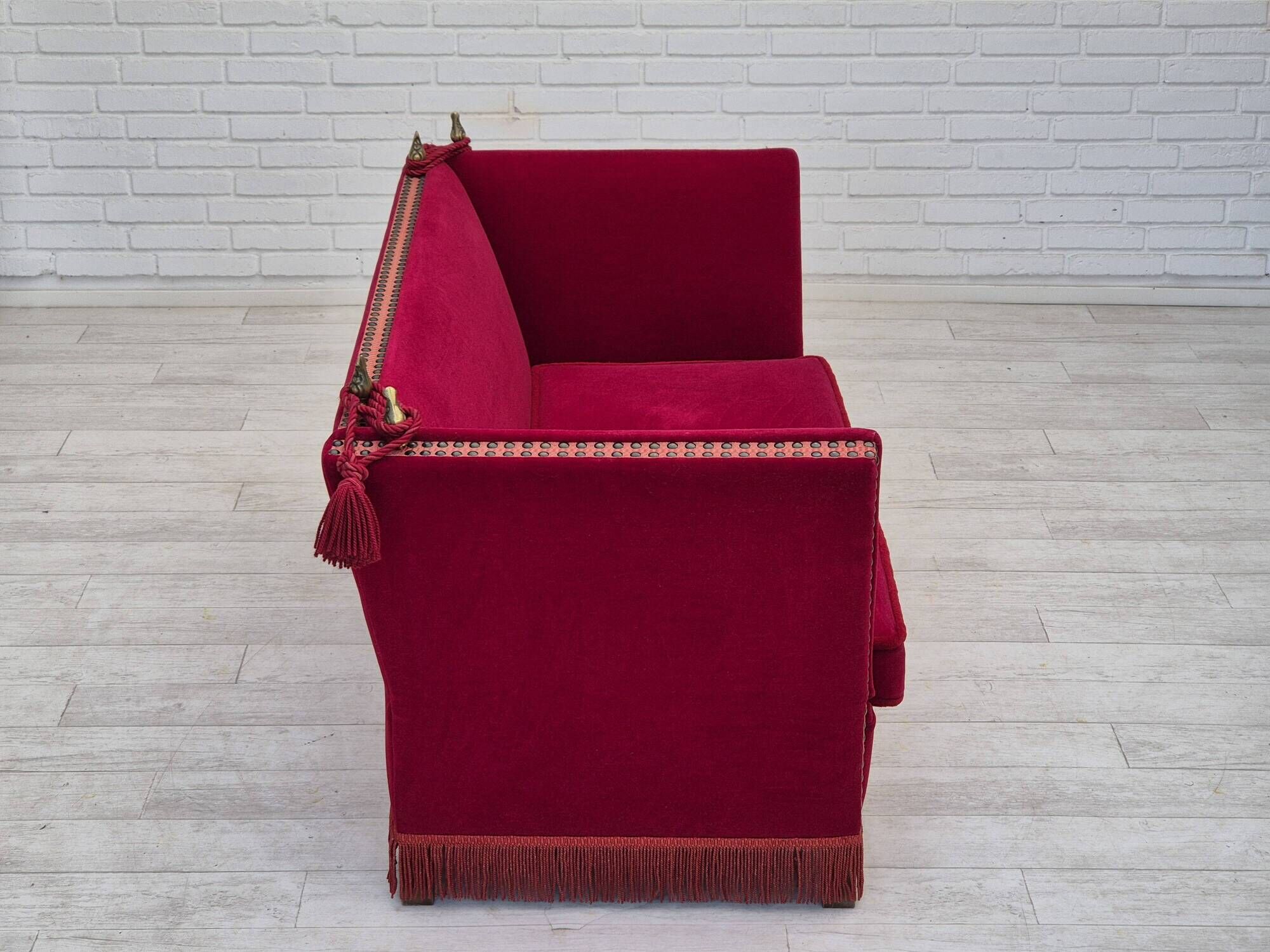 1970s, Danish drop arm "Spanish" sofa, original condition, cherry red furniture velour.