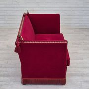 1970s, Danish drop arm "Spanish" sofa, original condition, cherry red furniture velour.