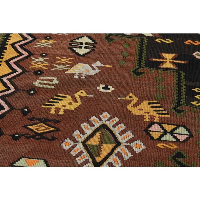 1970s Vintage Turkish Handmade Wool & Cotton Brown Runner Rug 178x475