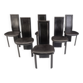 Chaises de salle à manger vintage en cuir noir à dossier haut, ensemble de 6, années 1980