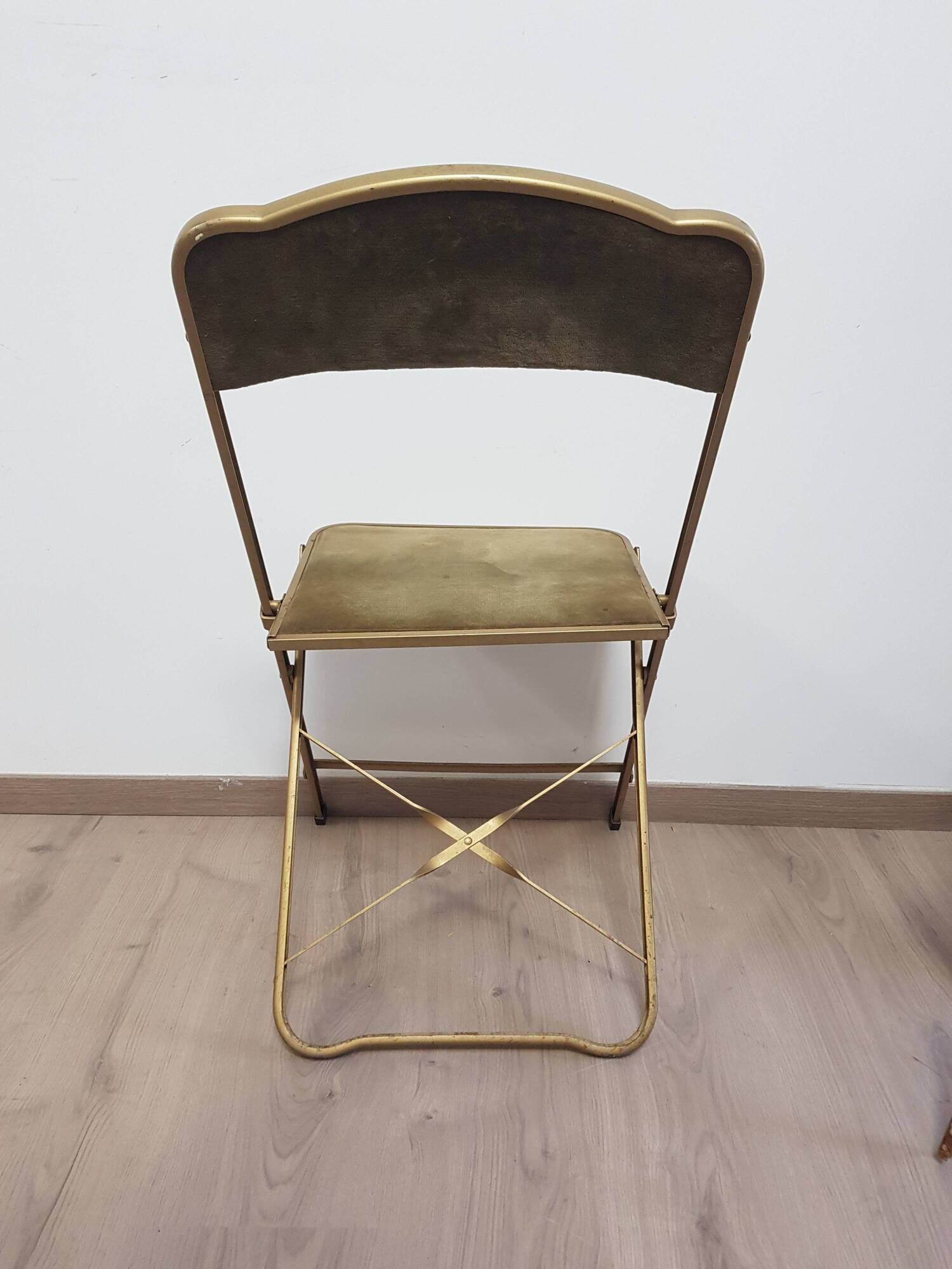 Set of 4 opera theater folding chairs from the 70s two-tone velvet brass