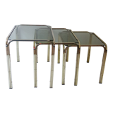 Series of nesting tables in smoked glass & rectangular golden brass