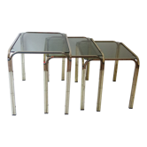 Series of nesting tables in smoked glass & rectangular golden brass