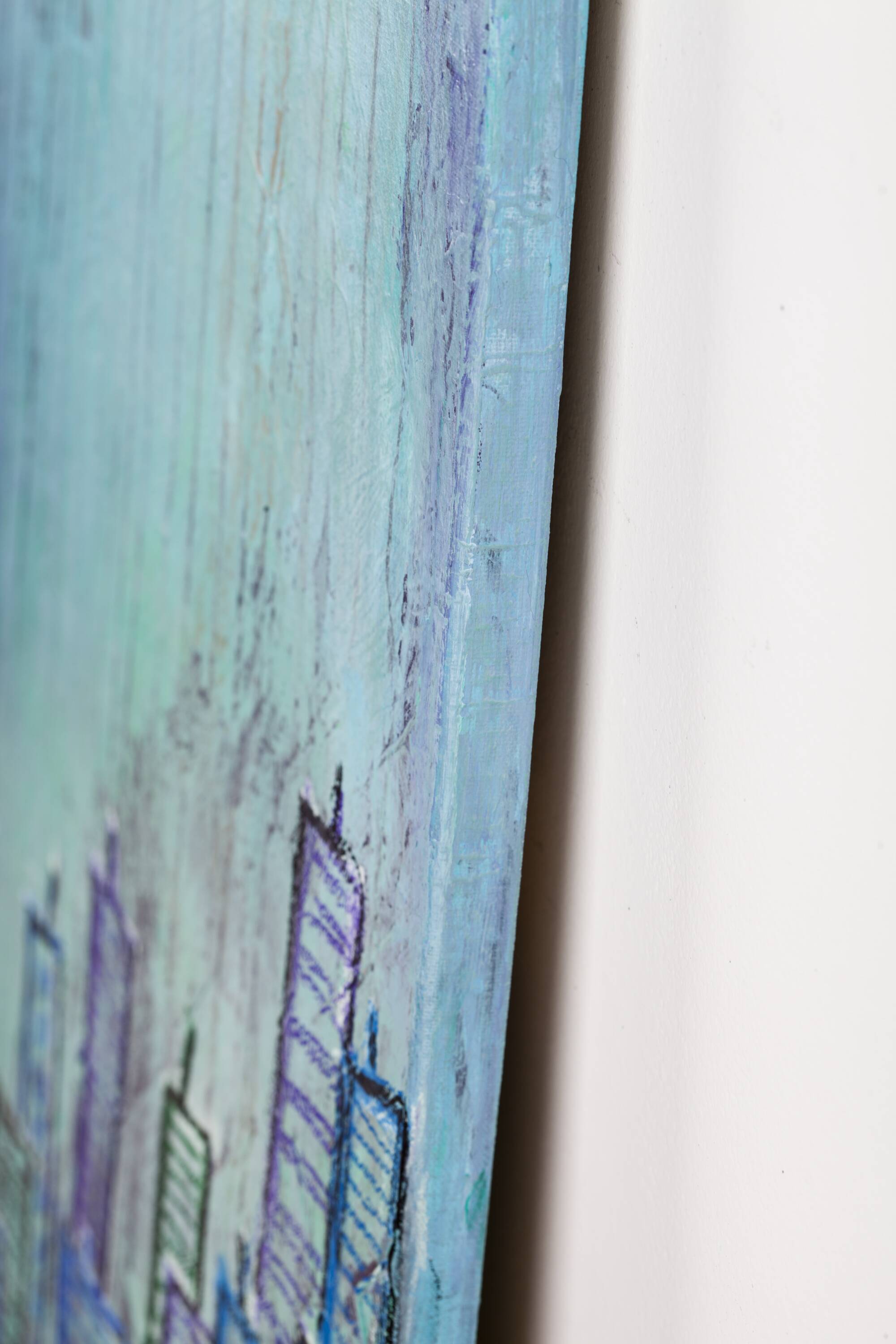 Contemporary paintig in teal, purple and green shades, acrylic on canvas