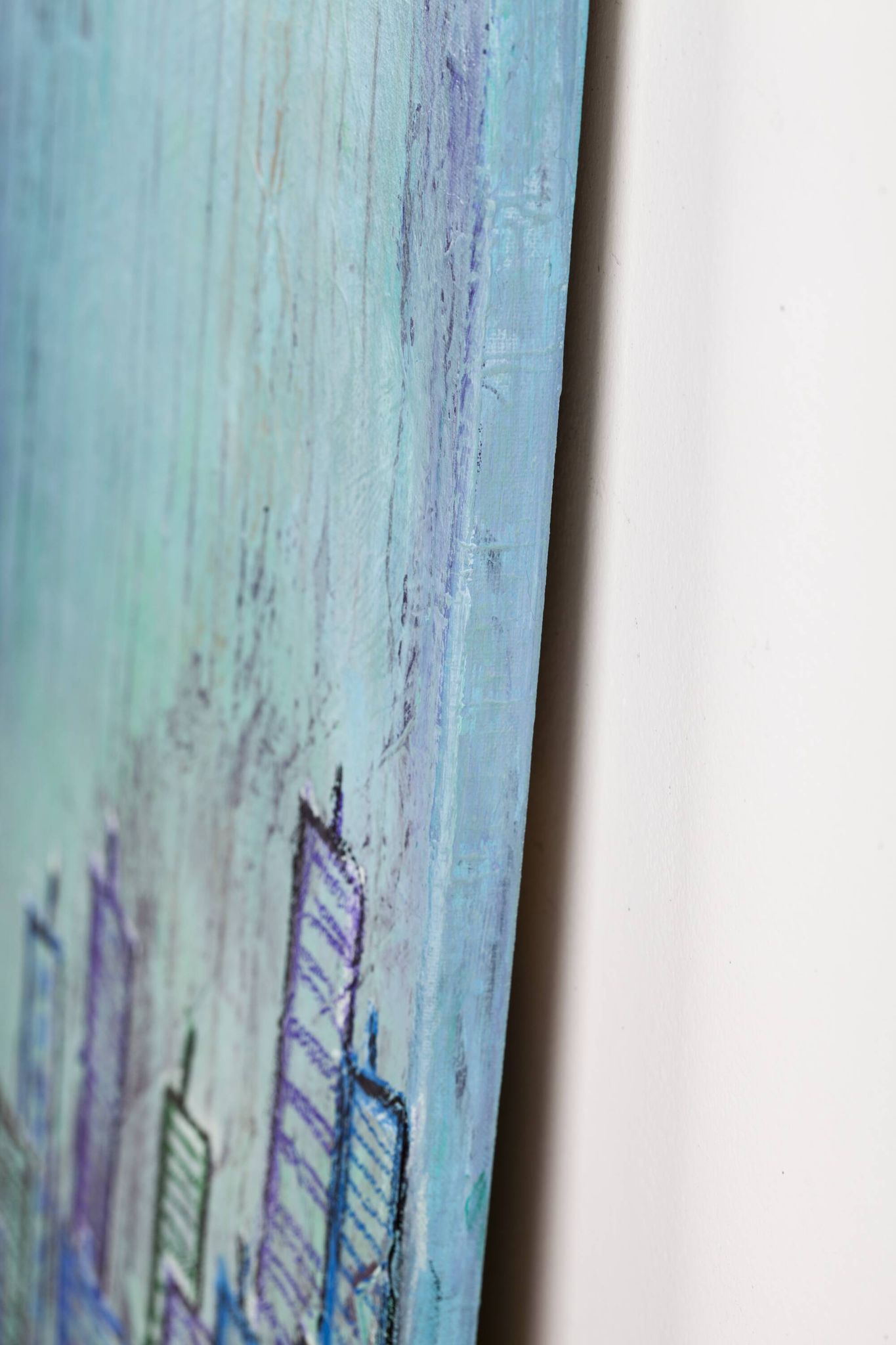 Contemporary paintig in teal, purple and green shades, acrylic on canvas