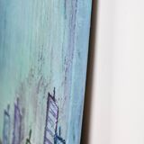 Contemporary paintig in teal, purple and green shades, acrylic on canvas