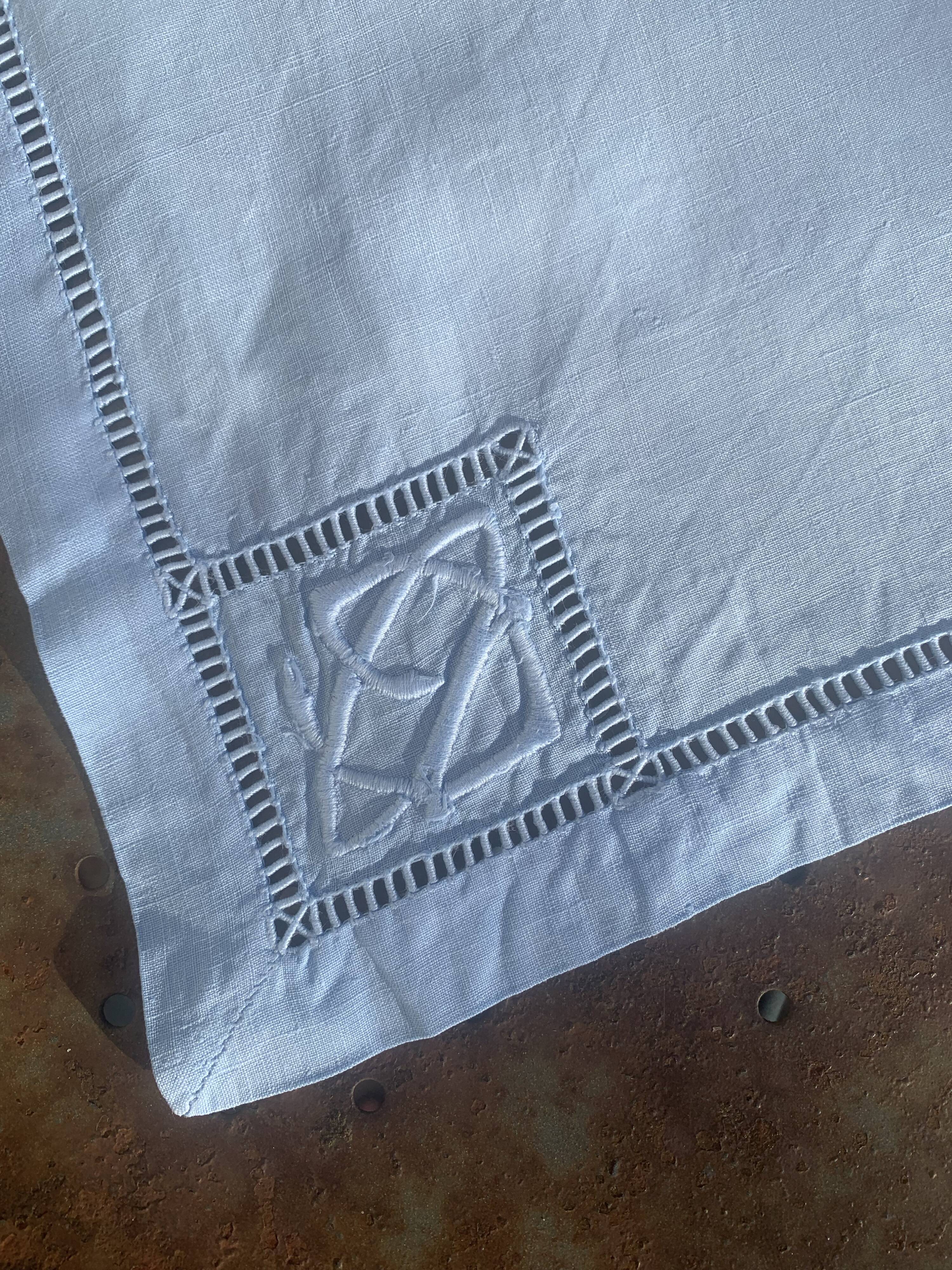 6 cotton and linen napkins, pastel blue, embroidered, OG monograms,