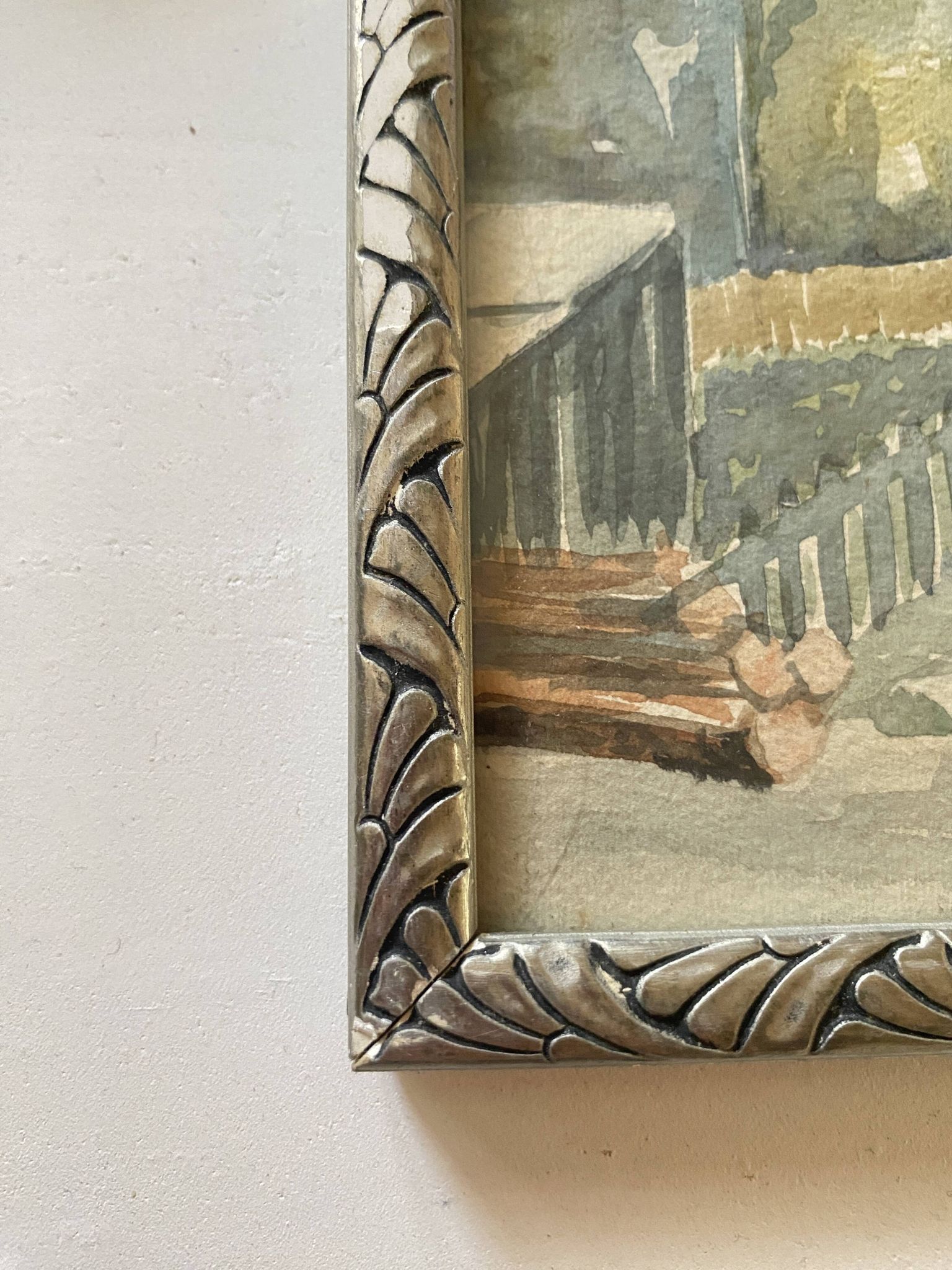 Aquarelle 1920, cadre bois sculpté argenté
