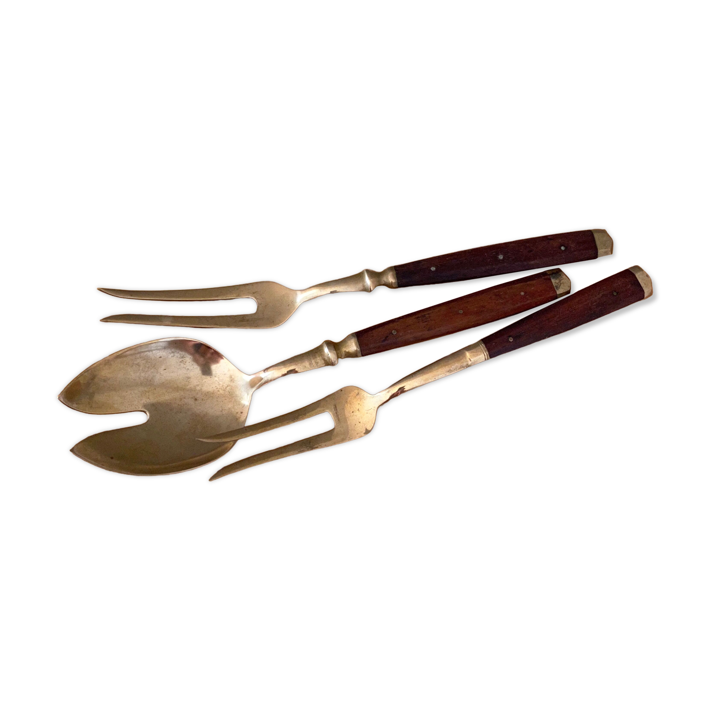 French Vintage Serving Set, Spoon and Fork, Wood Brass, Mid Century Cutlery