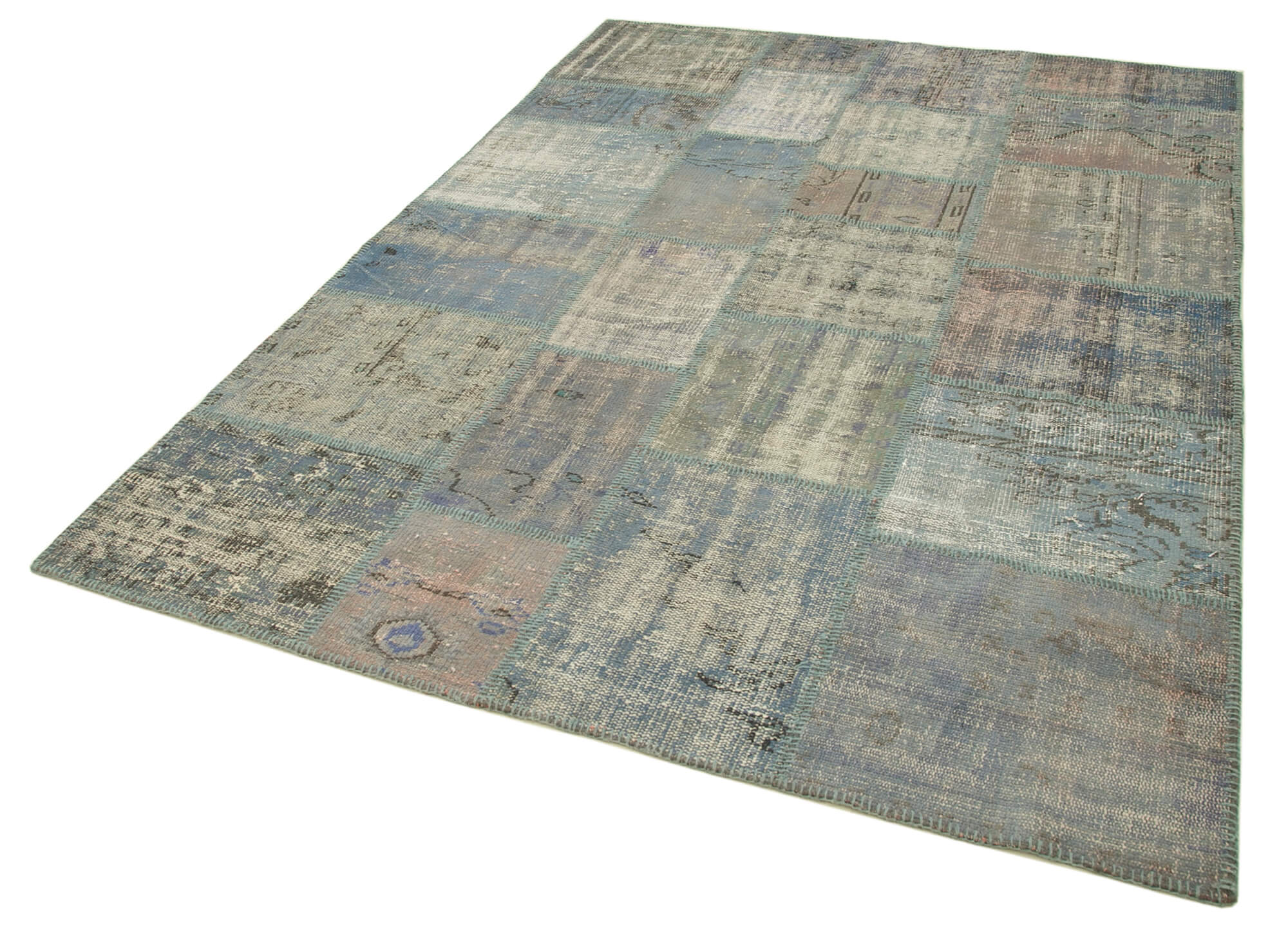 Handmade anatolian overdyed 177 cm x 246 cm blue patchwork carpet