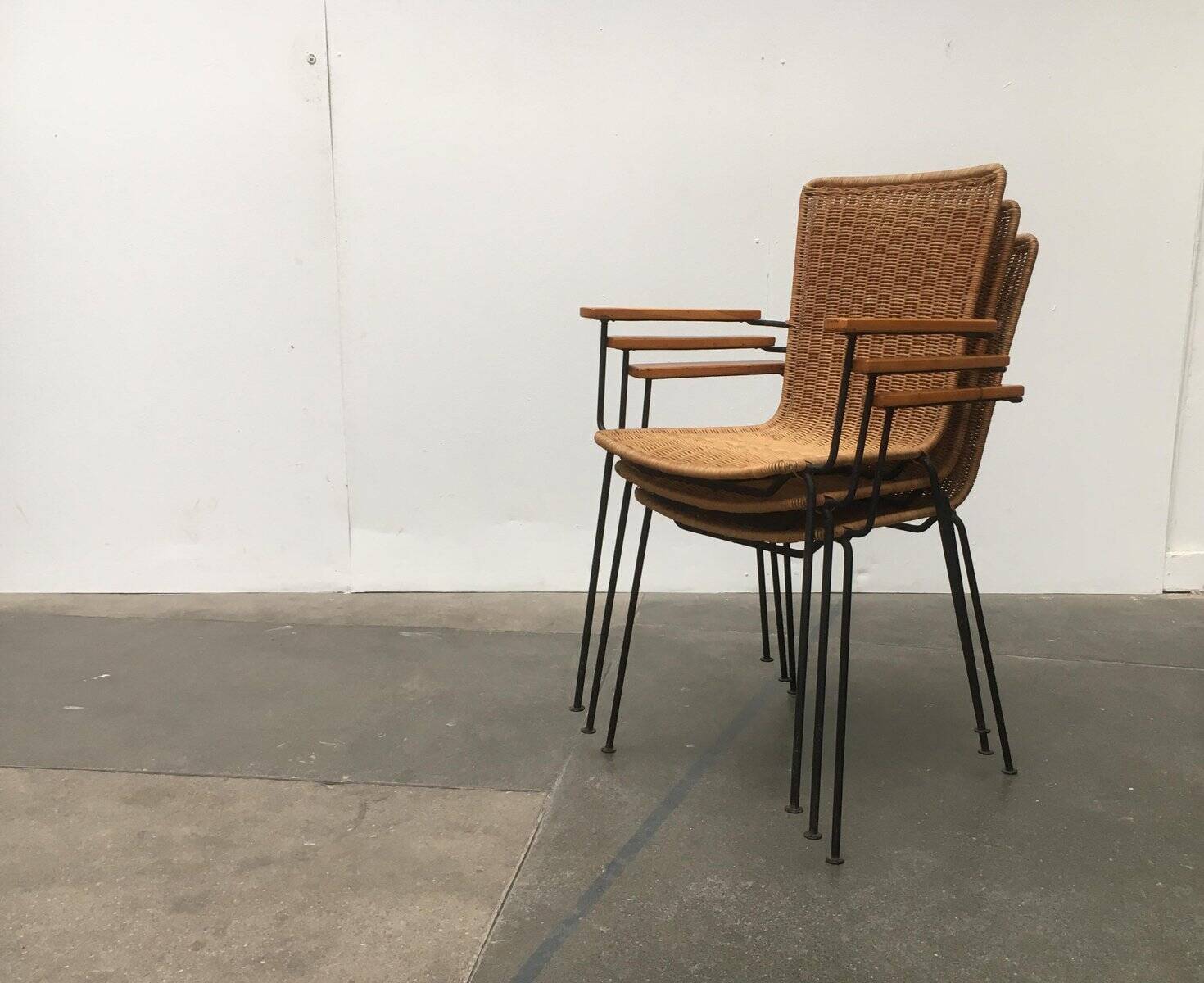 Mid-century metal and rattan dining chairs, set of 3.