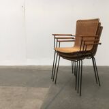 Mid-century metal and rattan dining chairs, set of 3.