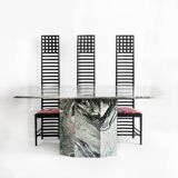 Vintage dining table in green and white veined marble. Completely restored. Italy, 90's