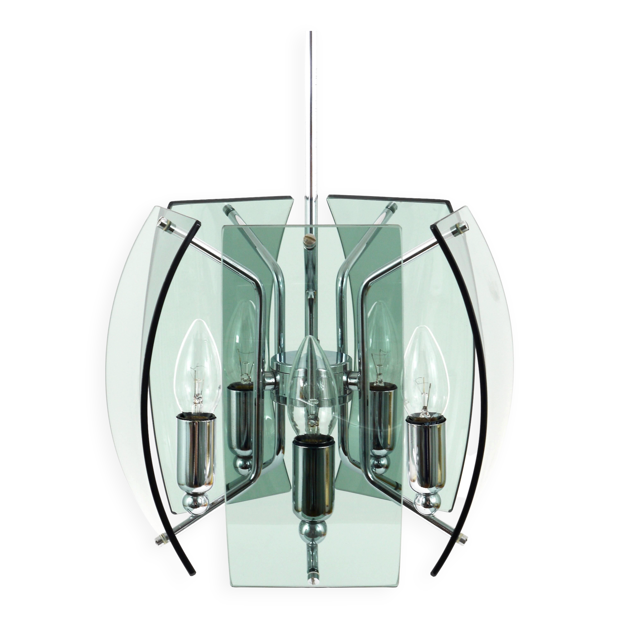 Glass and chrome chandelier in the Fontana Arte style, mid-century, Italy, 1960s.