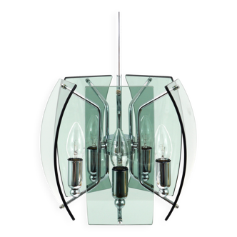 Glass and chrome chandelier in the Fontana Arte style, mid-century, Italy, 1960s.