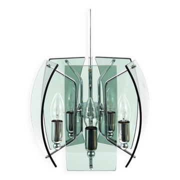Glass and chrome chandelier in the Fontana Arte style, mid-century, Italy, 1960s.