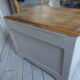 Storage furniture, bedside, pearl grey patinated sofa end, oak tray.