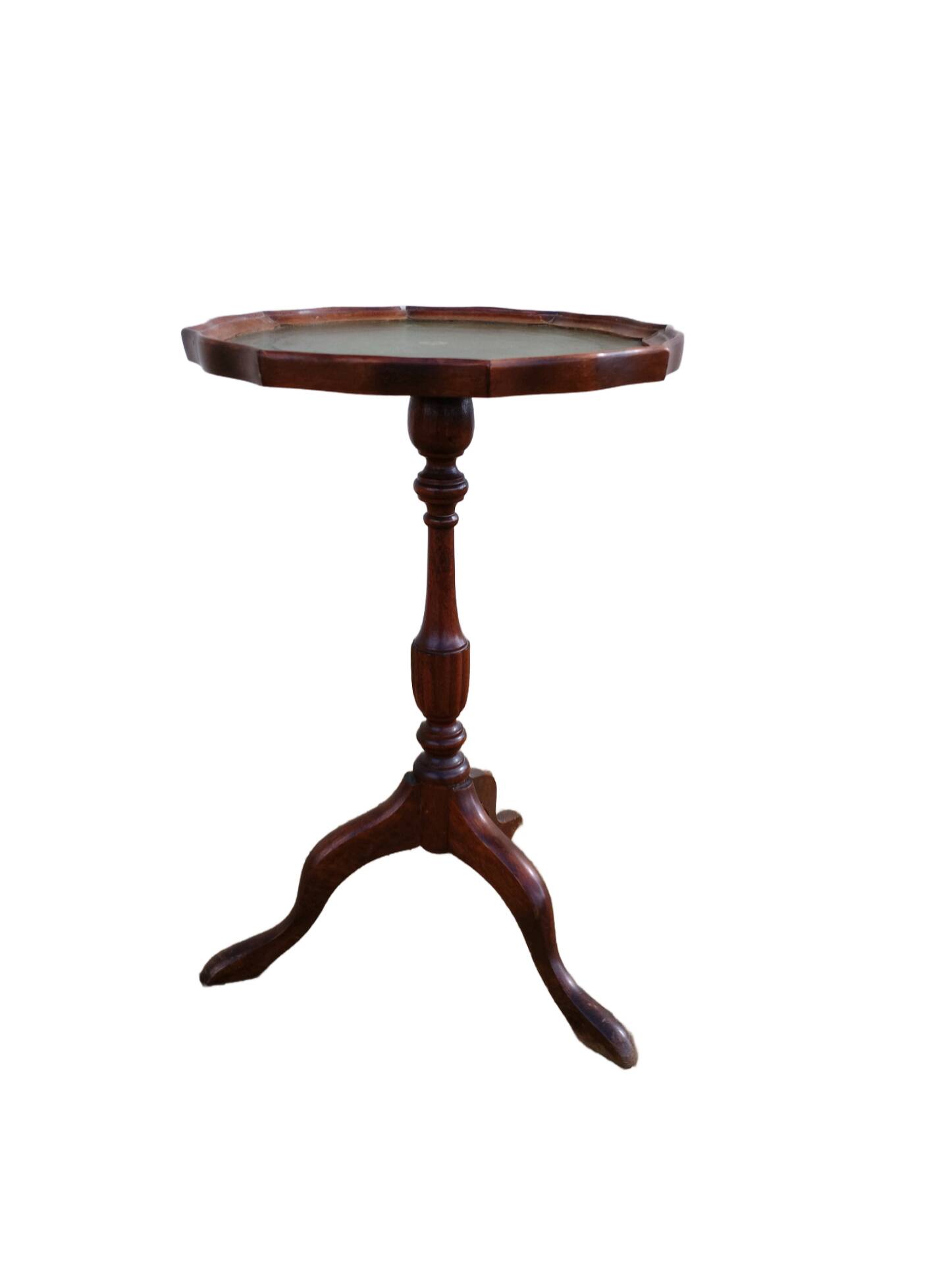Table d’appoint à vin, guéridon ancien en bois et cuir vert